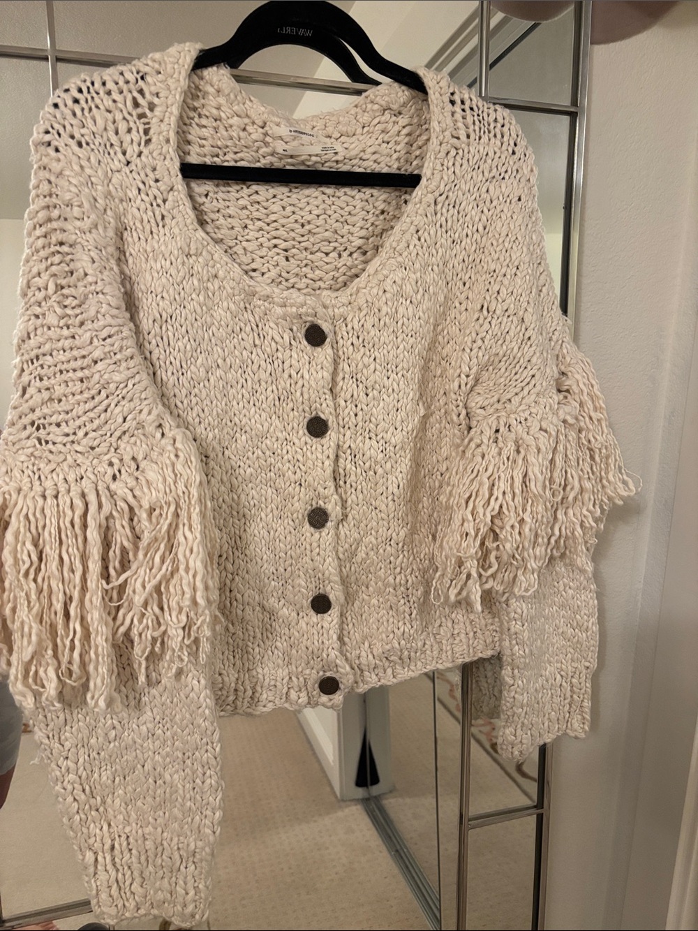 Anthropologie Cream Chunky Fringe Button-Front Cardigan